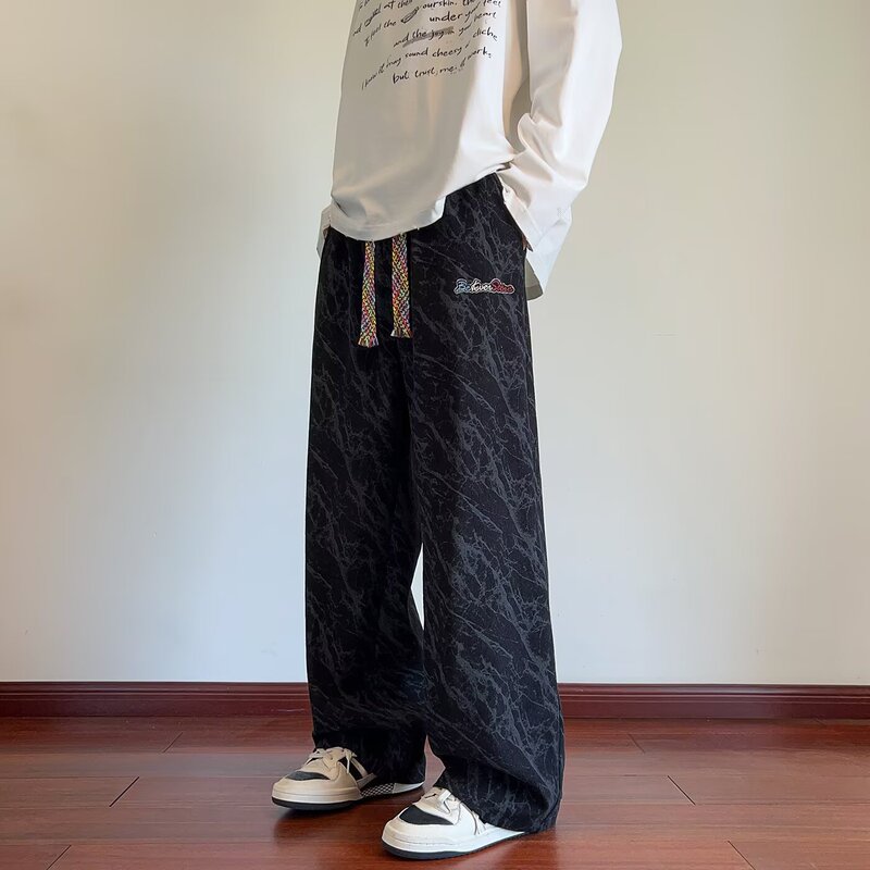 Men's Casual Pants Autumn and Winter Hong Kong Style Wide-Leg Long Pants Trendy Tie-Dye Print Loose Straight-Leg Sweatpants