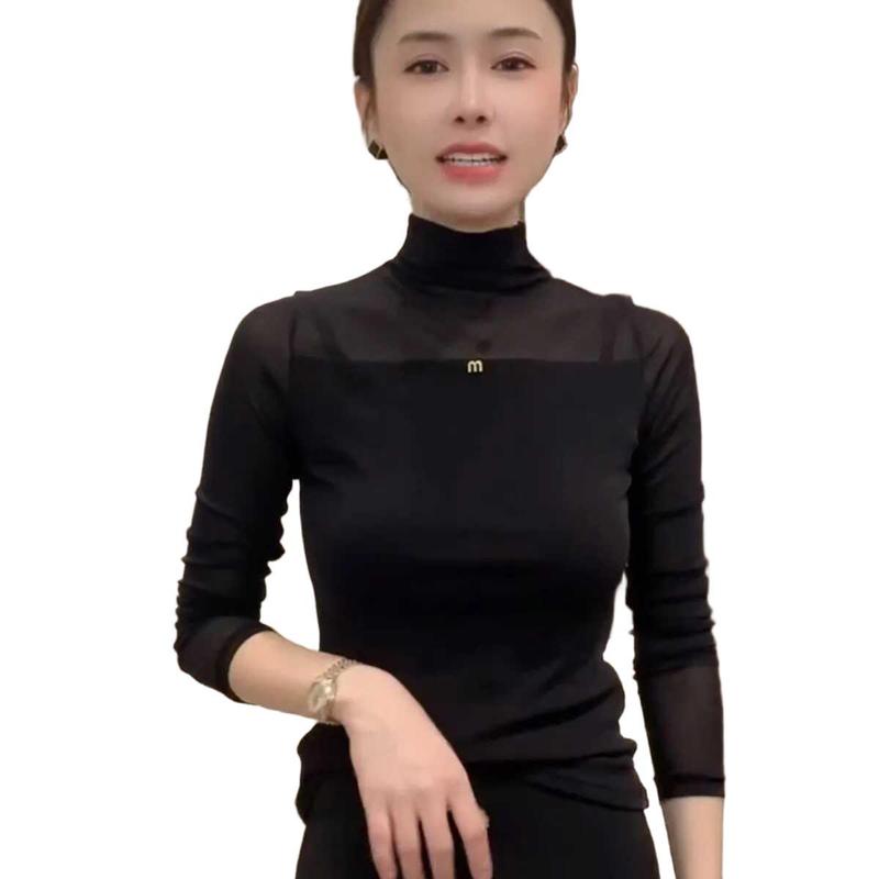 2025年秋季新款网纱拼接长袖T恤女士洋气修身显瘦内搭打底衫上衣|undefined