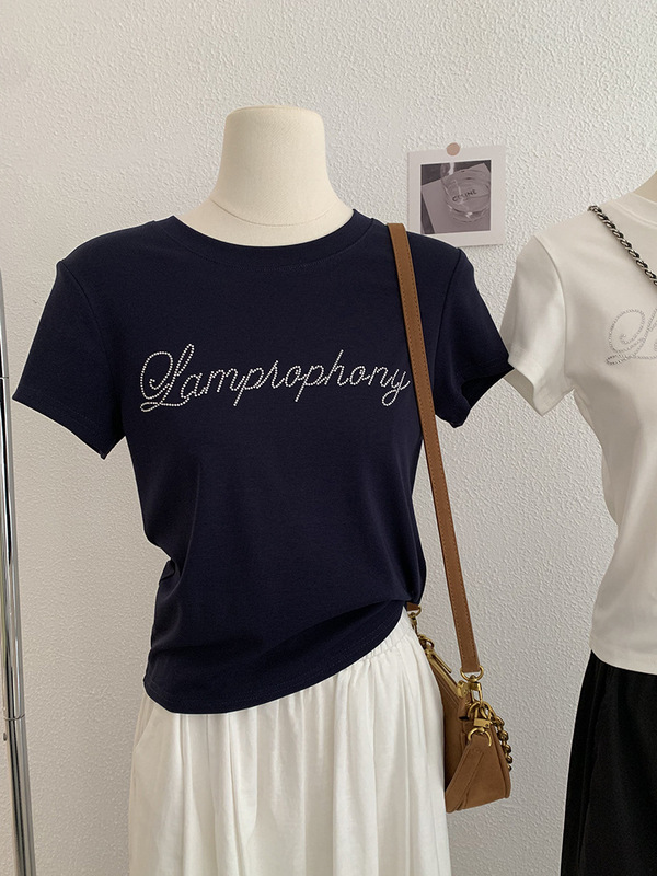 Omalai 英字ホットダイヤモンドラウンドネックスリムフィット半袖 Tシャツ夏韓国スタイル多用途トップ女性用 3824|undefined