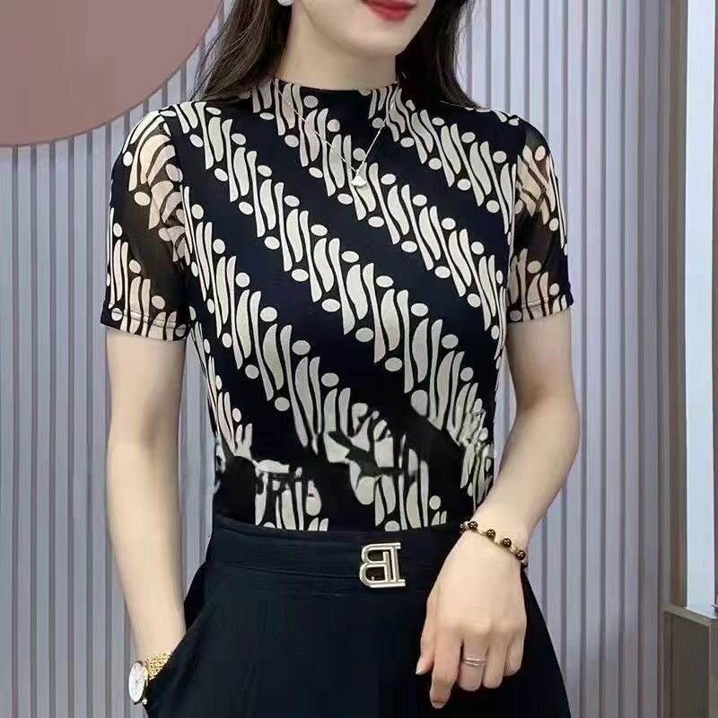 반 높이 칼라 패션 인쇄 넥타이-염료 최고 여성 반팔 2025 여름 새로운 슬림 핏 슬리밍 웨스턴 스타일 셔츠 티셔츠
