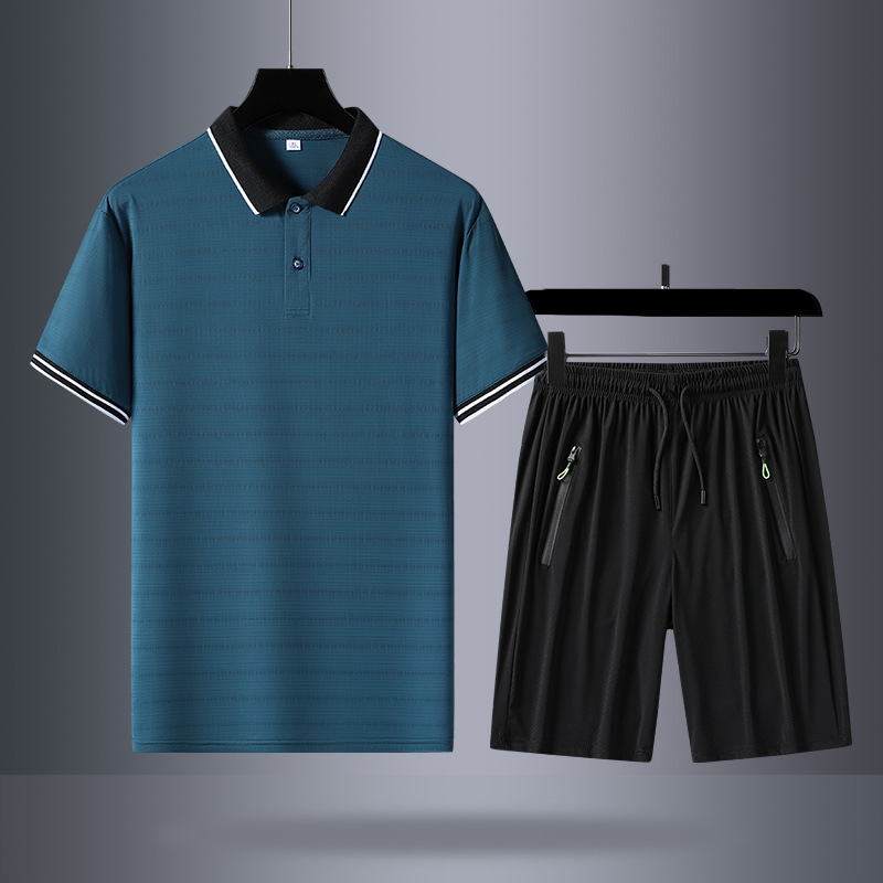 Verano hielo de manga corta pantalones cortos de dos piezas hombres camiseta de manga corta polo casual con solapa de mediana edad pantalones cortos grandes