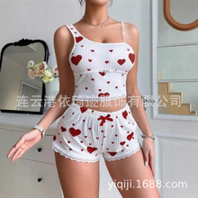 新款家居女士两件套服爱心印花吊带短裤休闲坑条睡衣女套装坑条
