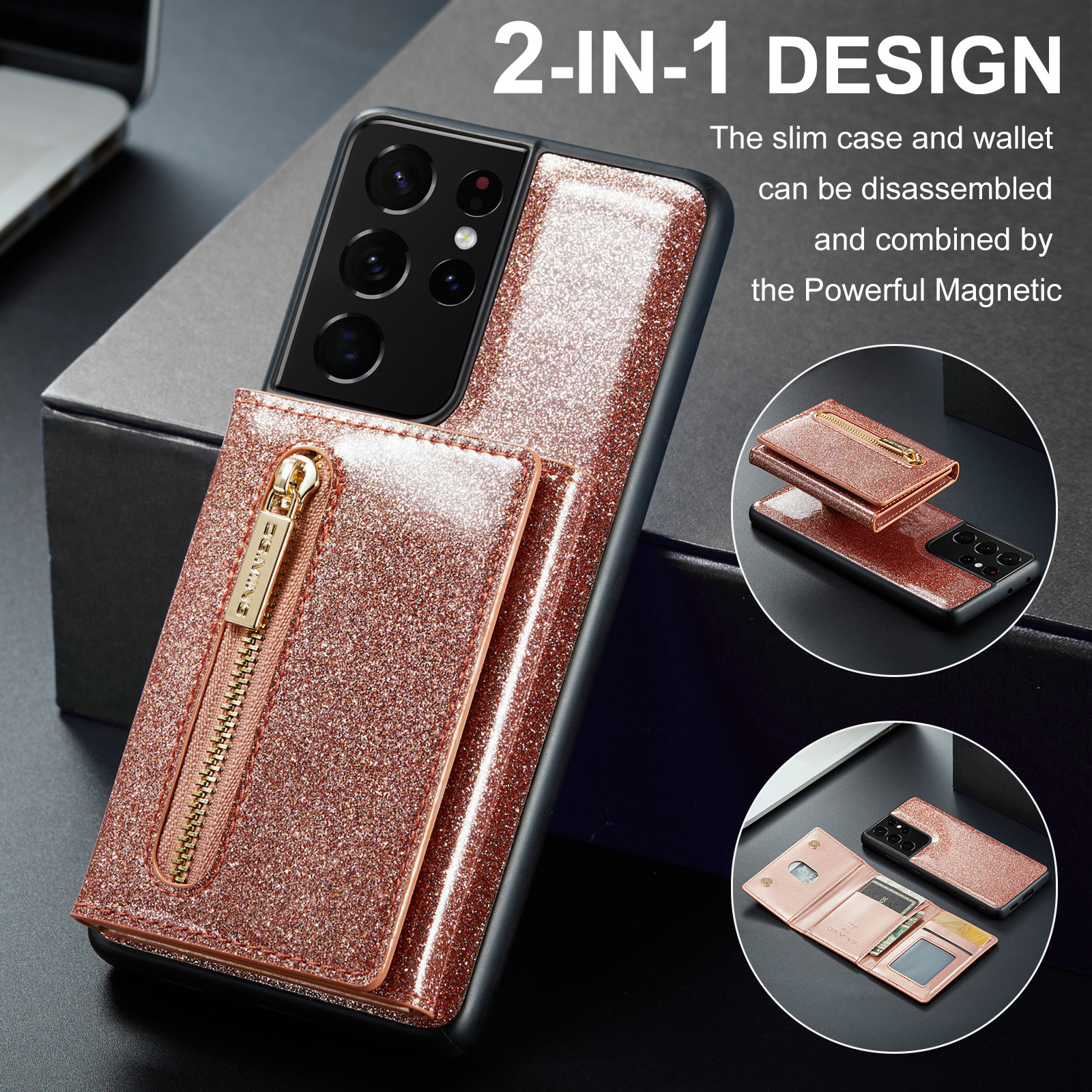 M3 per Samsung S21 Ultra 2 in 1 custodia in pelle glitterata con ventosa magnetica custodia per telefono diviso custodia protettiva portafoglio S21_voghion.com