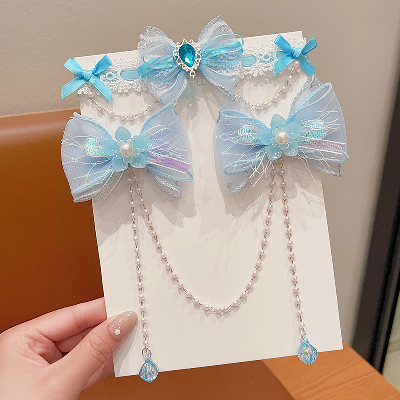 Children's Hair Accessories Set Blue Ice and Snow Bow Hairpin Girls Pearl Necklace Girls Rhinestone Forehead Chain Headdress