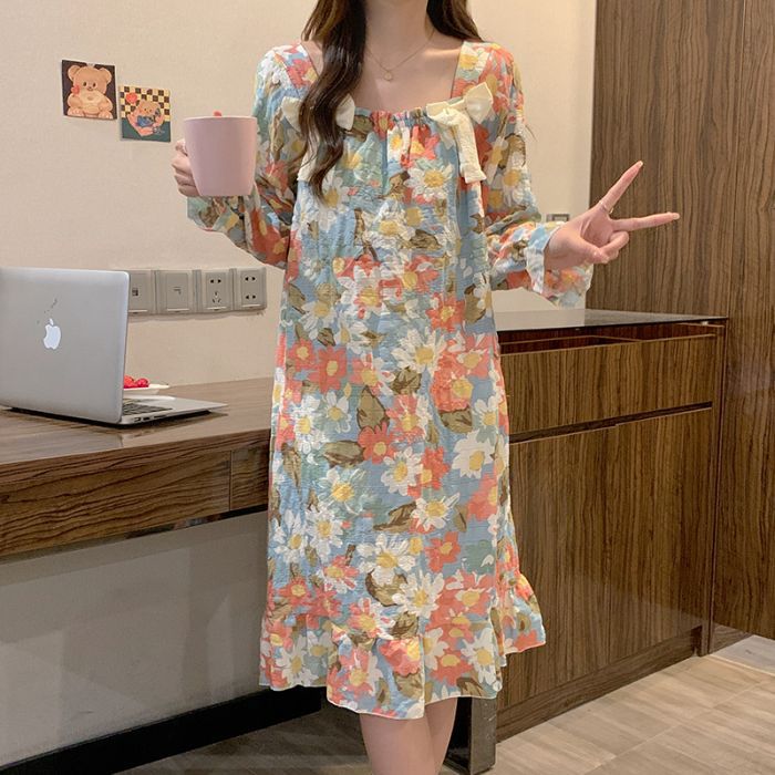Nube de algodón pijama de primavera y otoño de mujer nuevo tipo con almohadilla de pecho dulce flor triturada pijama de mangas largas princesa ropa de hogar se puede usar fuera