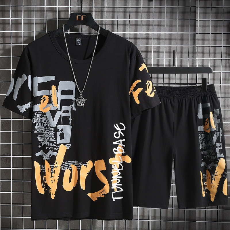 Summer Korean Version Short-Sleeved Non-Hooded Black Casual Shorts Thin Sports Large Size Suit Ready for Summer Fat Round Neck