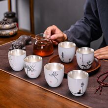 陶瓷手绘玉瓷汉白瓷主人杯大号鎏银茶杯单杯品茗杯茶盏商务礼品
