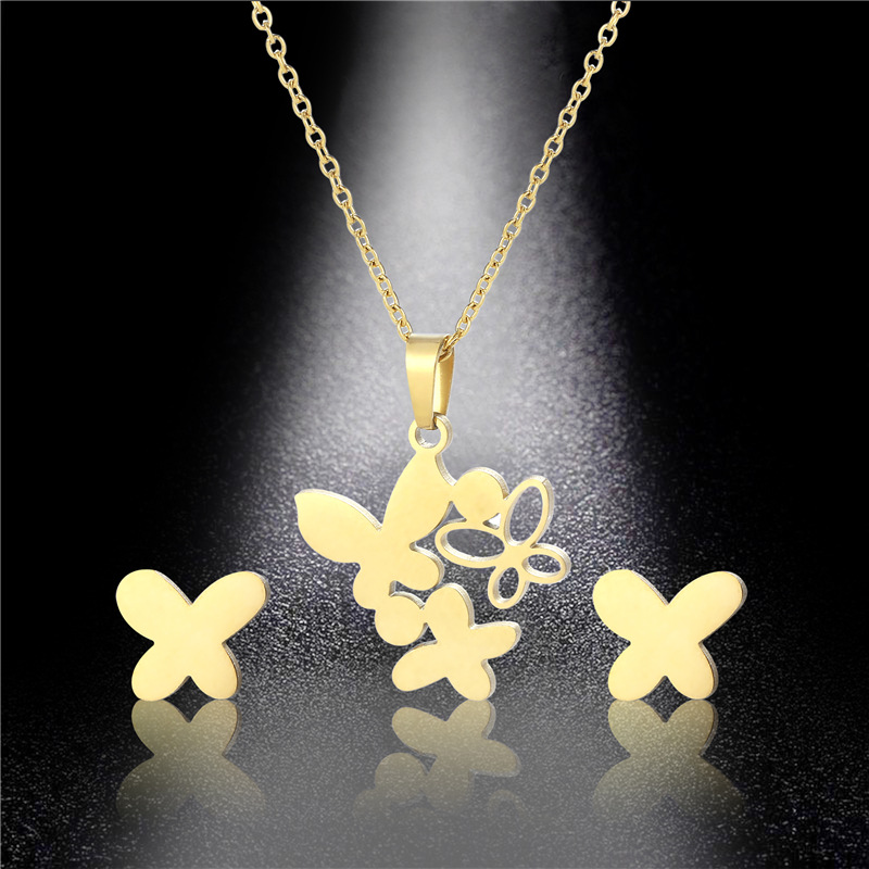 simple fashion hollow butterfly  stainless steel necklace earrings set