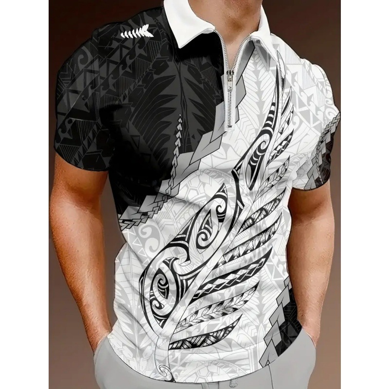 Venta caliente color de contraste abstracto hojas geométricas impresión 3D hombres calle alta todo fósforo solapa de hombro suelta cremallera camisa POLO