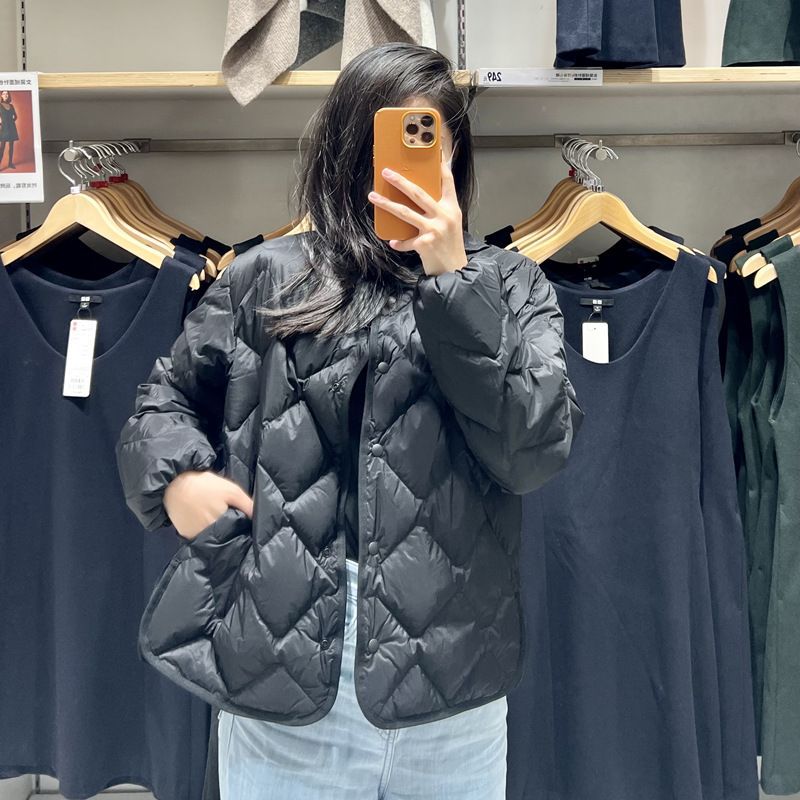 Transfronterizo Tik Tok nuevo chaqueta de plumón de alta calidad mujer corta ligera delgada plumón revestimiento de cuello redondo chaqueta casual