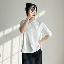 实力工厂简约后中缝纯棉t恤立领中袖女宽松显瘦圆领短袖打底上衣