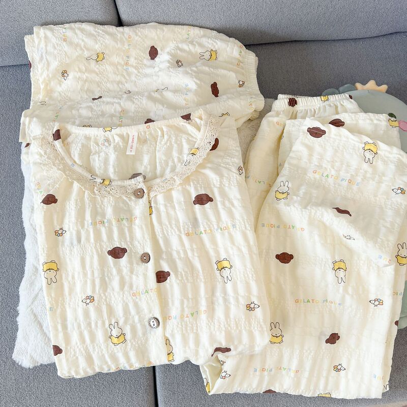 Cute Miffy Rabbit Cloud Pure Cotton Gauze Pajamas for Women, Summer Short-Sleeve Student Girl Three-Piece Set, Home Wear, Suitable for Outdoor Wear