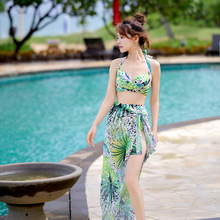 绿色泳装时尚性感女比基尼小胸聚拢钢托三件套游泳衣温泉海边沙滩
