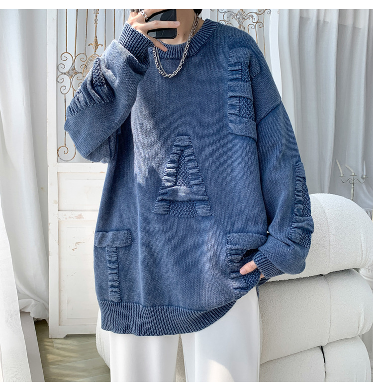 Men's Oversized Knit Sweater Round Neck Streetwear Pullover_voghion.com