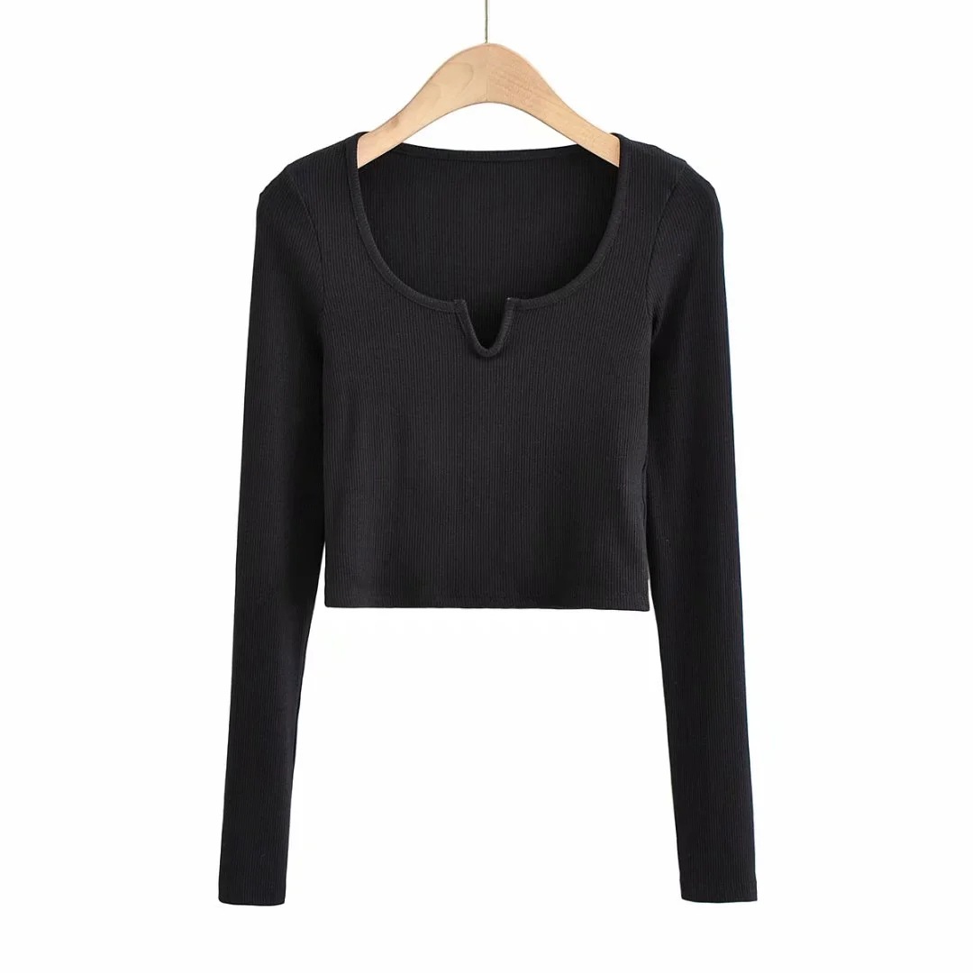 V-neck short solid color long-sleeved T-shirt  NSAC28195