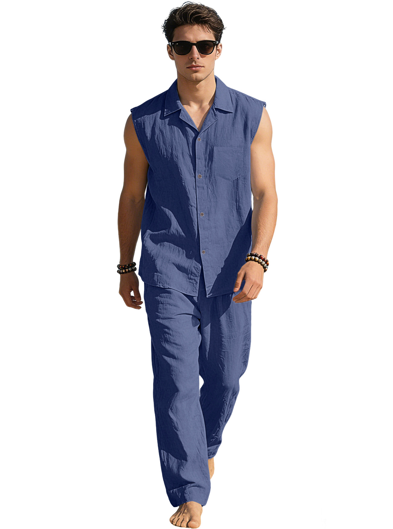Europa y América transfronterizos de verano hombre camisa delgada sin mangas con solapa deportiva casual lino camisa de color sólido pantalón conjunto