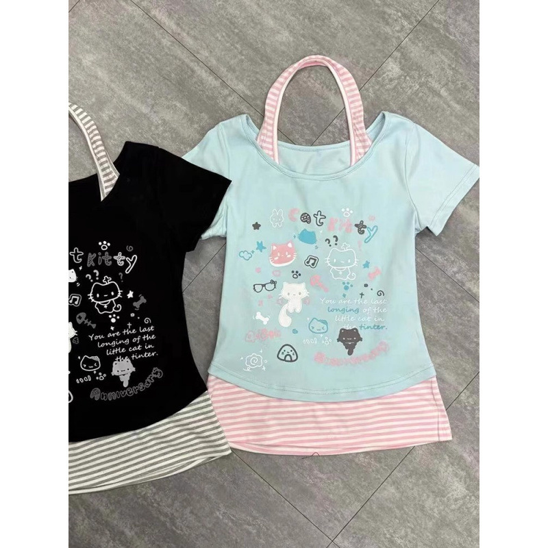 かわいいデザインニッチストライプホルターネックかわいい猫半袖Tシャツレディース夏ホームスタイルスリムフィットショートトップ|undefined
