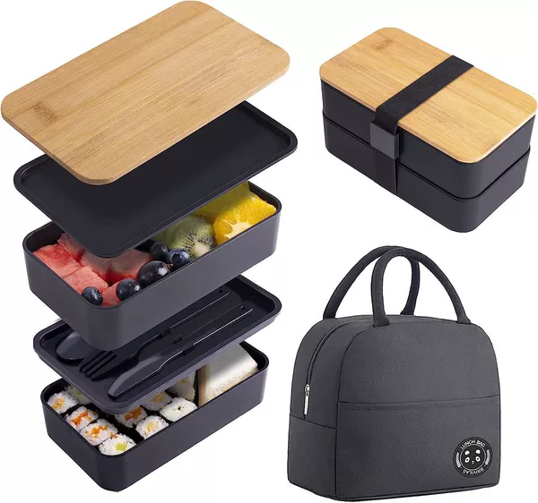 Black double-layer lunch box, thermos, 1200 ml