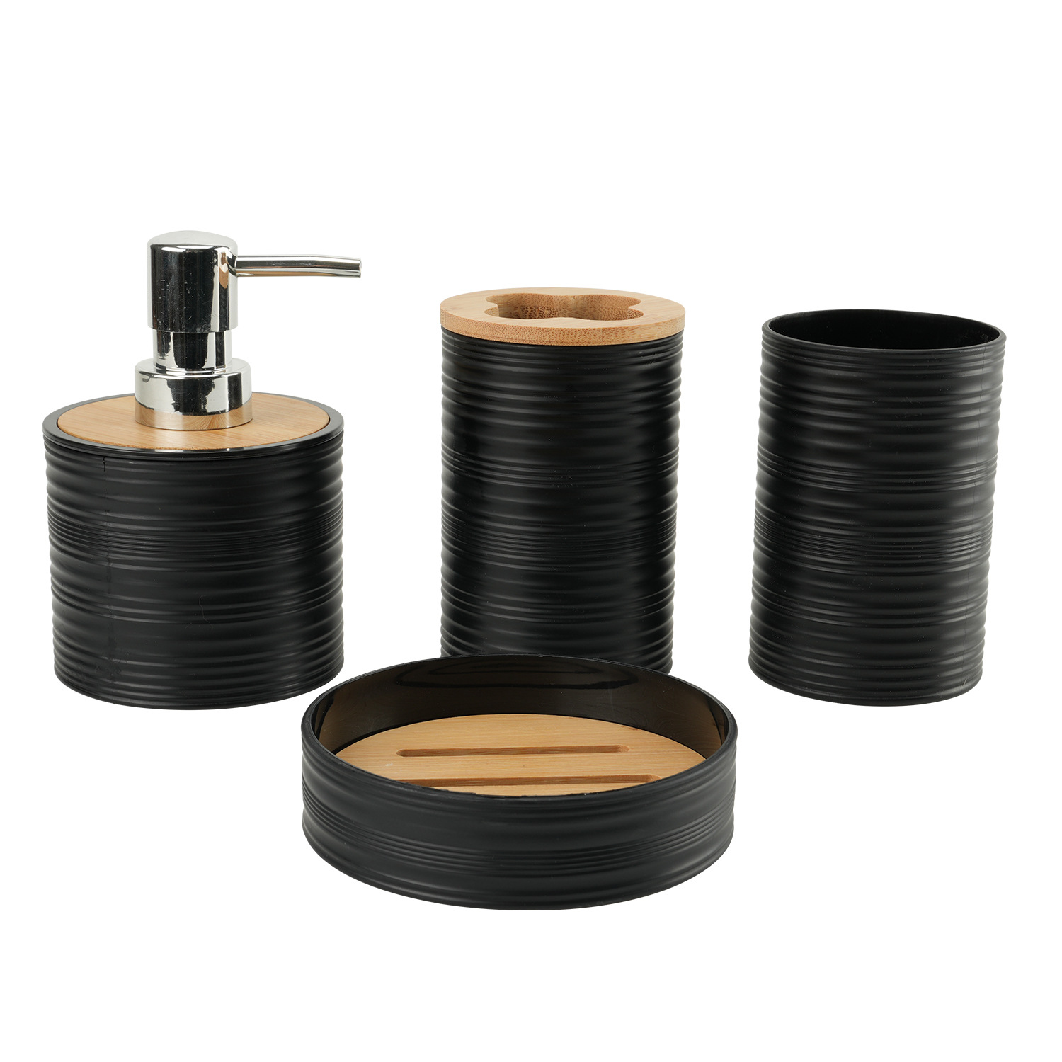 Tapa de bambú de patrón horizontal Juego de plástico de lavado de baño de cuatro piezas de fábrica al por mayor Estante de almacenamiento de baño Estante de enjuague Funda de estante de cepillo de dientes