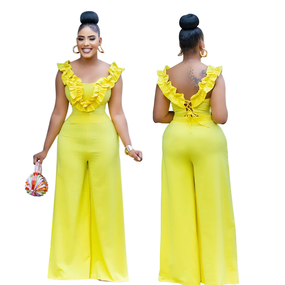 Elegant Women's One Shoulder Ruffled Slim Fit Jumpsuit Solid Colour_voghion.com