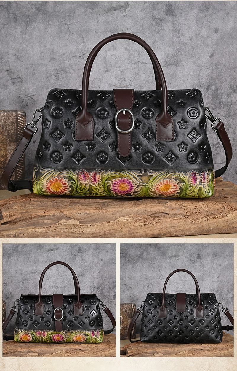 Túi xách tay da thật cổ điển phong cách Trung Quốc, đánh bóng thủ công, đeo vai đa năng (33×10×19 cm) — Xanh lá cổ điển chi tiết 20