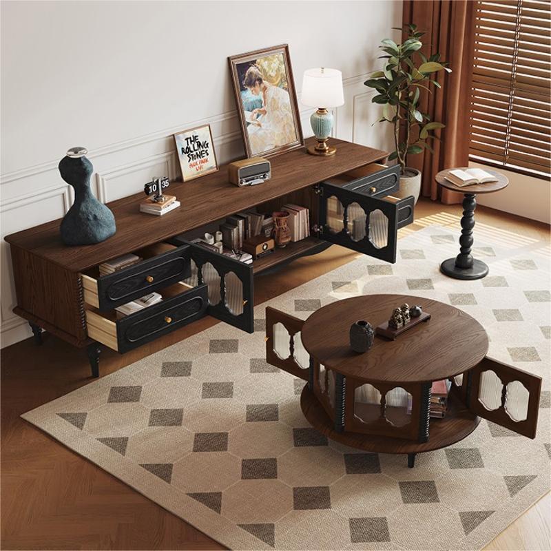 Mesa de té de madera sólida francesa retro estilo medio antiguo sala de estar casa gabinete de televisión combinación de estilo oval americano