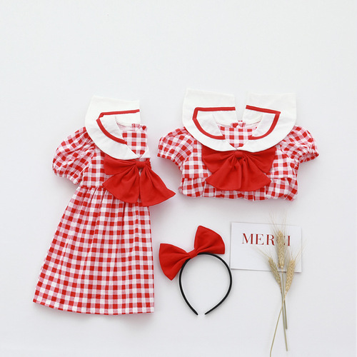 Summer Girls' Skirts Sister Set Red Dress Baby Short Sleeve Pajama Suit Baby Korean Children's Clothing Princess Dress