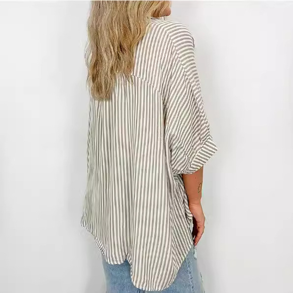 Women's Clothing Classic Stripe Button-Down Shirt For Women, Mid-Sleeve Casual Top For Spring And Summer_ecoleips.com