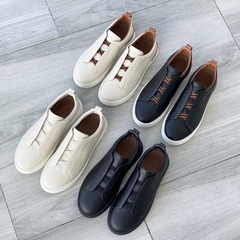 男士休閒單鞋休閒交叉鬆緊帶百搭舒適真皮平底圓頭復古羅馬英倫風