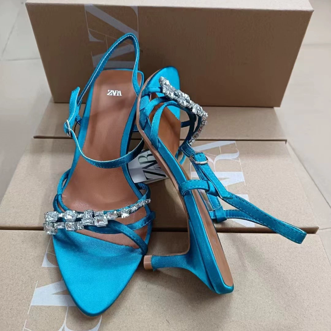 Летние слова 2024 года ZA в виде pointed sandals синего цвета с кристаллами на яркой ленте, обувь на шпильке с открытым носком, тонкая каблук, женские сабо