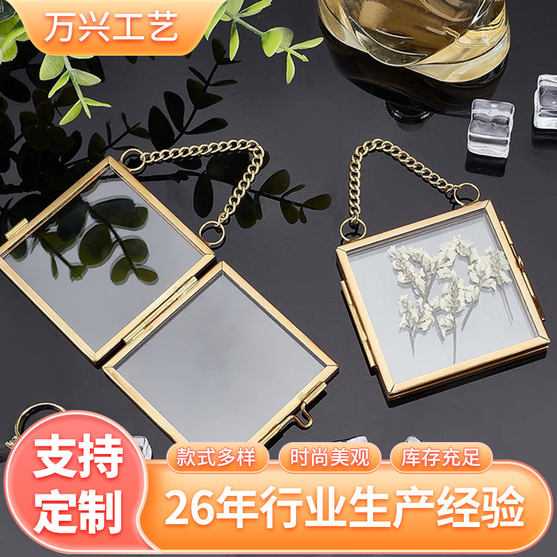 Cross-Border Hot-Selling European-Style Metal Dried Flower Specimen Hanging Chain Glass Photo Frame Brass Transparent Photo Holder Customized in Multiple Colors