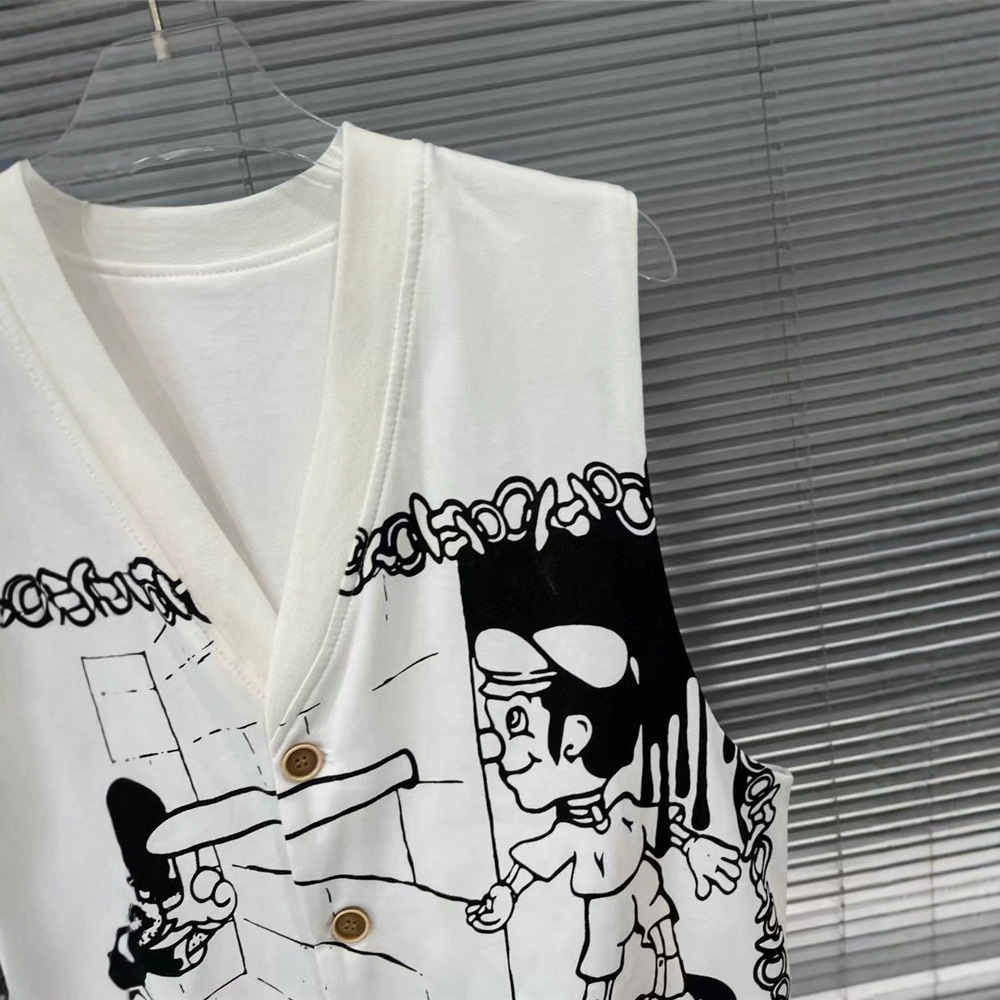 2025 primavera y verano nuevo diseño de nicho de dibujos animados Pinocho chaleco con cuello en V estampado chaleco casual sin mangas top marea