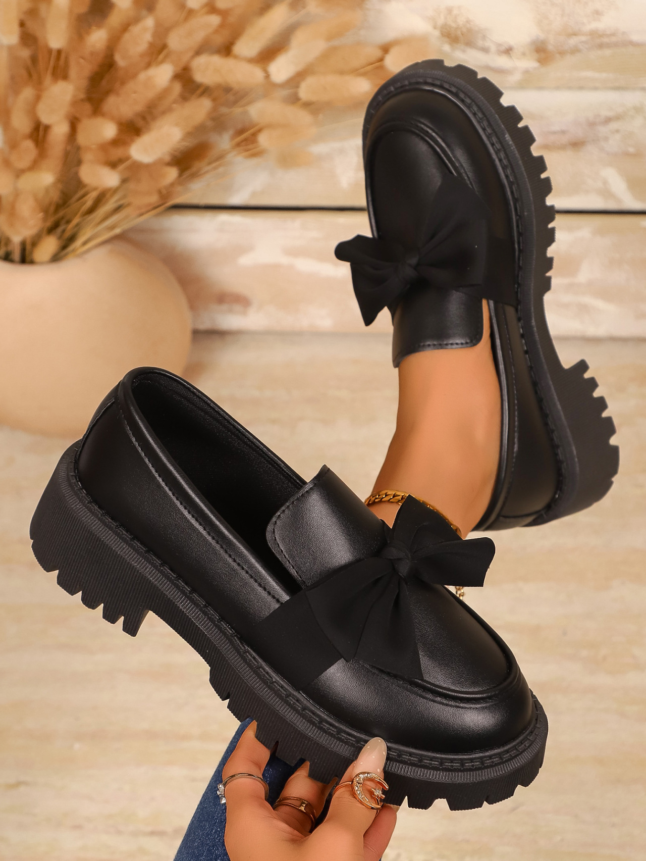 Damen Slipper Aus Leder Mit Schleife Und Elegantem Blockabsatz_voghion.com