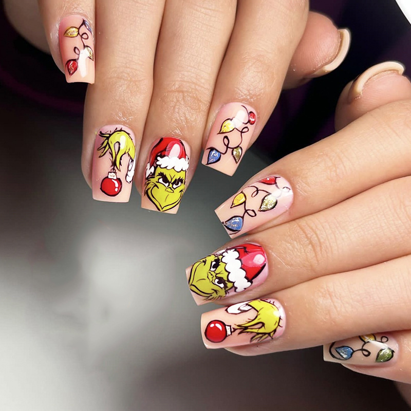 Colorful winter Grinch Christmas square nail beauty piece colored lights fake nails European and American nail wear nail wholesale Colorful winter Grinch Christmas square nail beauty piece colored lights fake nails European and American nail wear nail wholesale