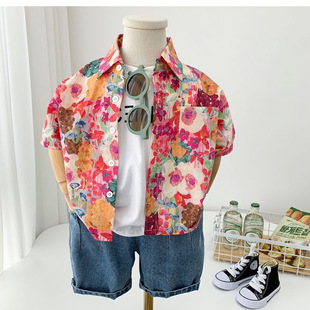 Children's Floral Shirt Boys Summer Popular Toddler Casual Top Internet Celebrity Baby Beach Style Short-Sleeve Trendy Shirt