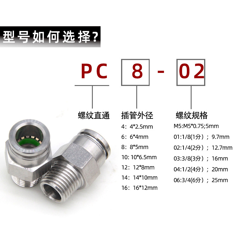 304不鏽鋼快插接頭直通PC8-02/10-03/12-04/16-04耐高溫壓不鏽鋼