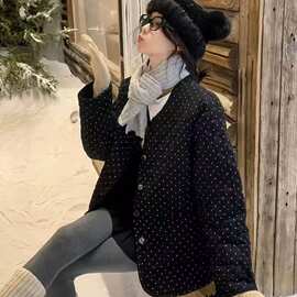 小众设计感黑色波点棉服外套女2025冬季新款加厚洋气甜美中长棉衣