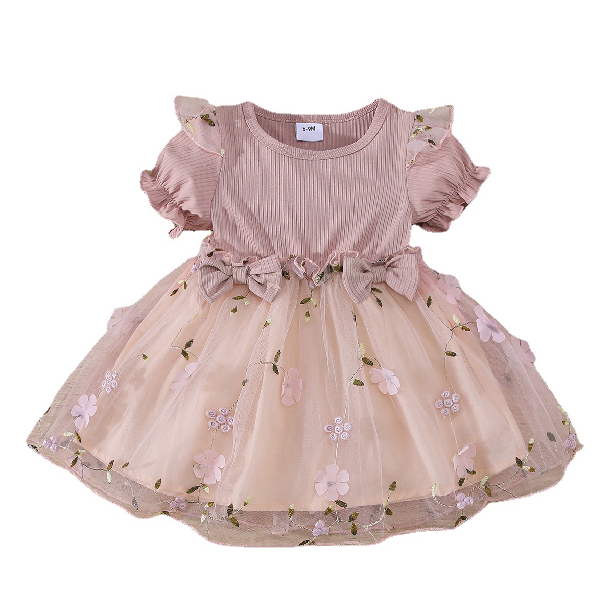 Ropa para niños verano vestido de niña europea y americana nuevo bebé bordado malla falda para niños cabello de una pieza