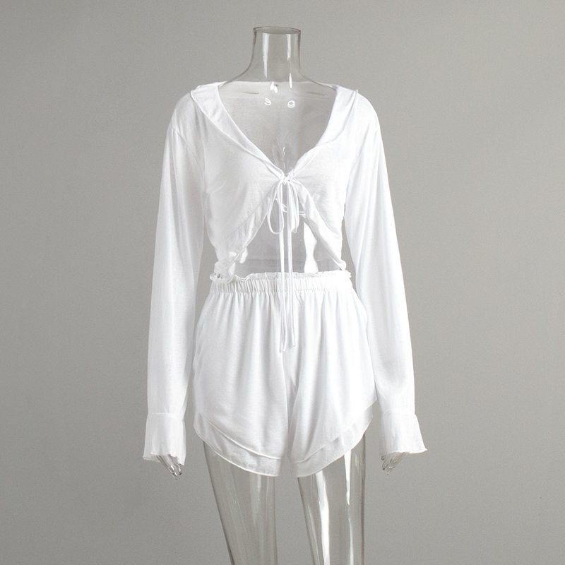 Bộ đồ ngủ nữ áo cardigan thắt dây kèm quần short dệt kim mặc nhà thoải mái — Màu trắng, Màu đen