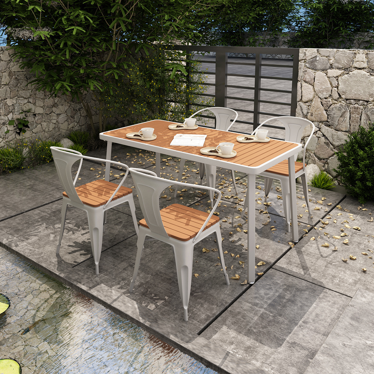 Hollywood-style outdoor furniture set for trendy bubble tea shop, park courtyard, open-air caf&eacute;, including four-person table and chairs made of recycled plastic wood