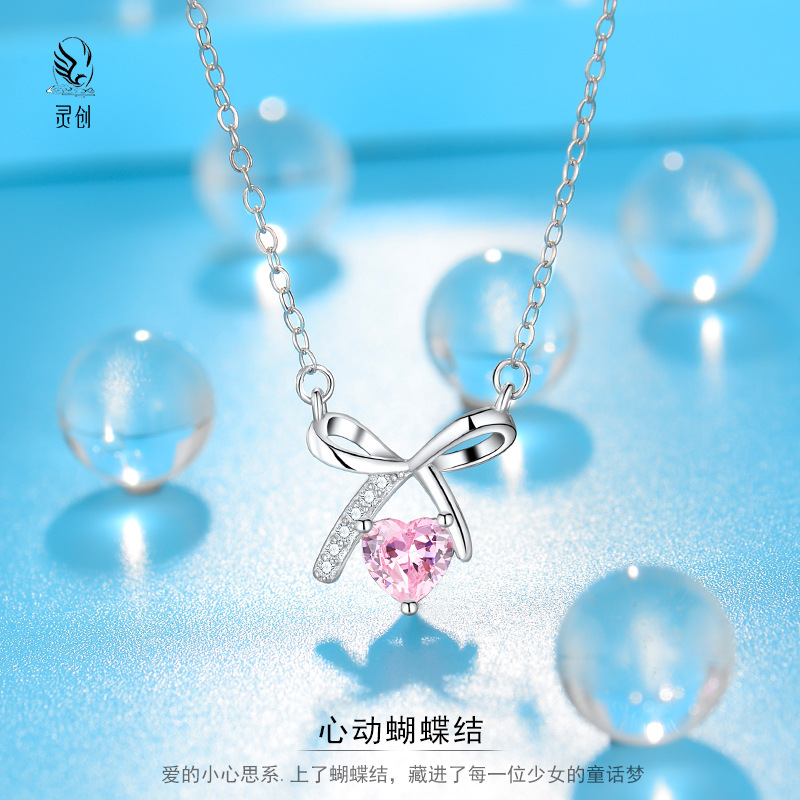 S925純銀心動蝴蝶結項鍊鋯石女輕奢小眾鎖骨鏈毛衣鏈2023年新款潮