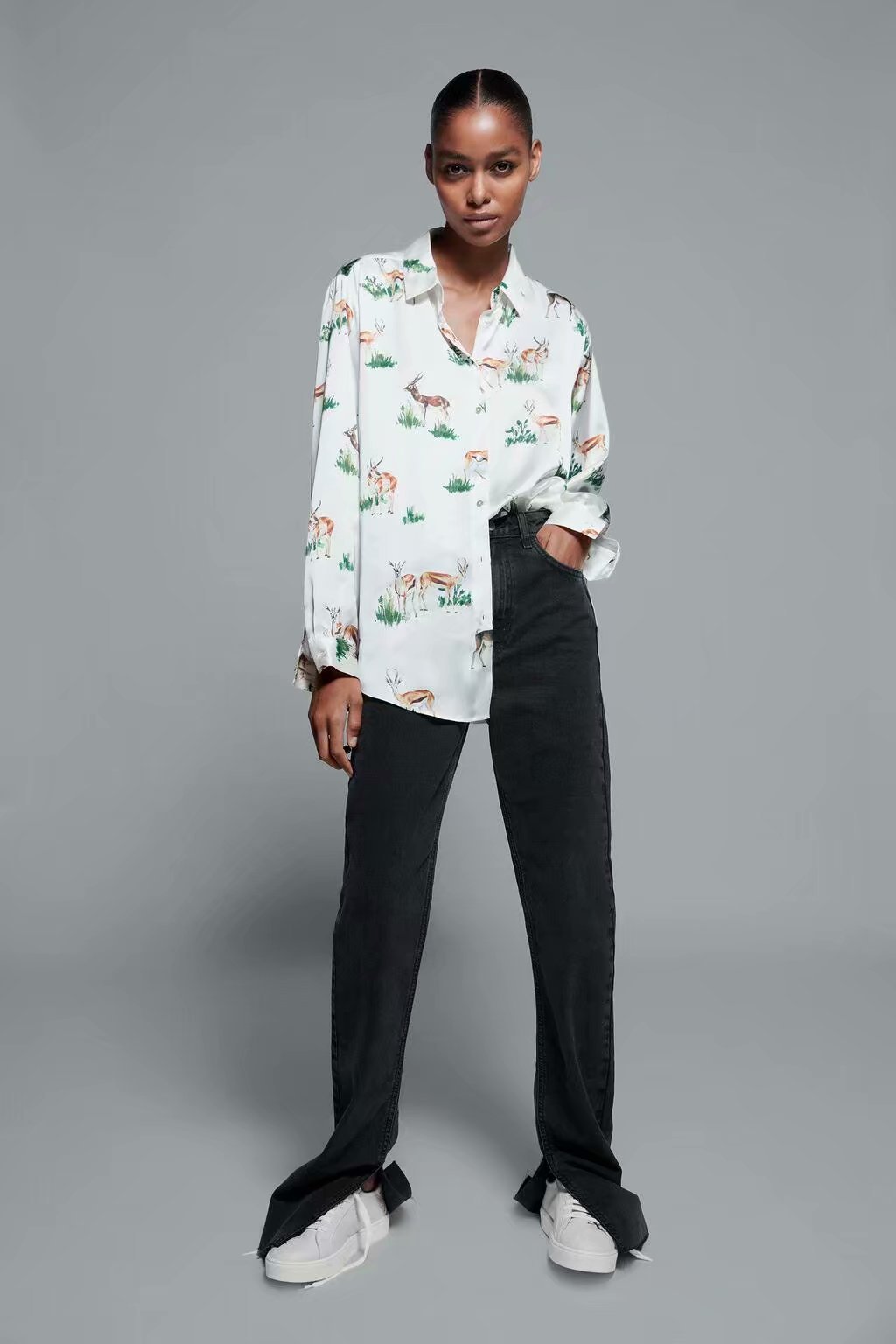 printed silk satin texture blouse NSAM22466