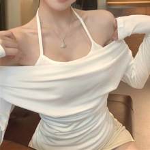 纯欲甜辣妹性感一字肩挂脖上衣女春秋显身材荡领假两件打底衫内搭