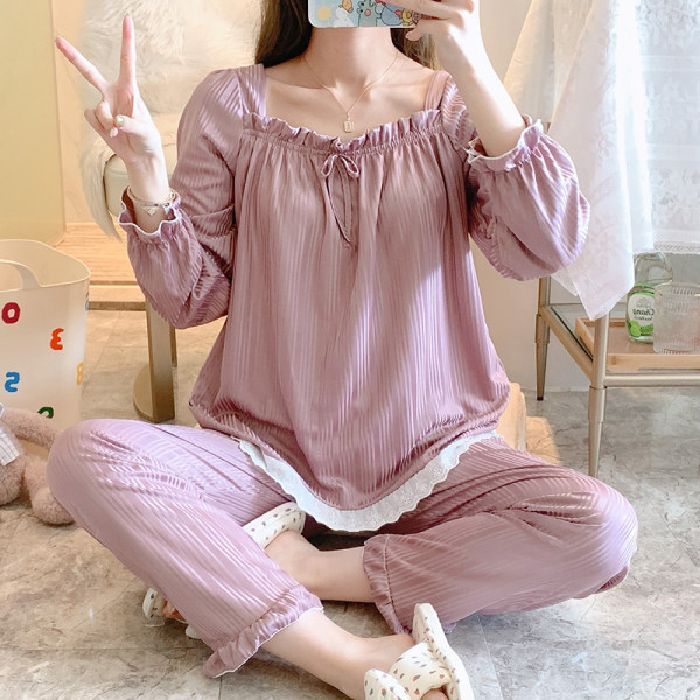 Al por mayor transfronterizo otoño nueva explosión imitación de algodón pozo rayas pantalones de manga larga pijamas princesa dulce ropa doméstica