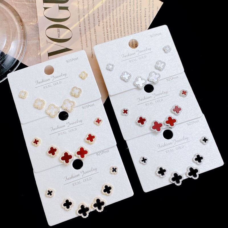 Exquisite Micro-Paved Zircon-Edged Four-Leaf Clover Three-Pair Earrings for Women S925 Silver Needle Small Elegant Commuter Earrings Exquisite Micro-Paved Zircon-Edged Four-Leaf Clover Three-Pair Earrings for Women S925 Silver Needle Small Elegant Commuter Earrings