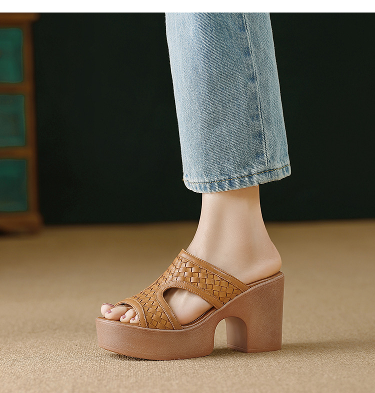 Sandal cao gót nữ đế platform đan chéo da thật gót 9 cm hở mũi — màu nâu, màu đen chi tiết 8