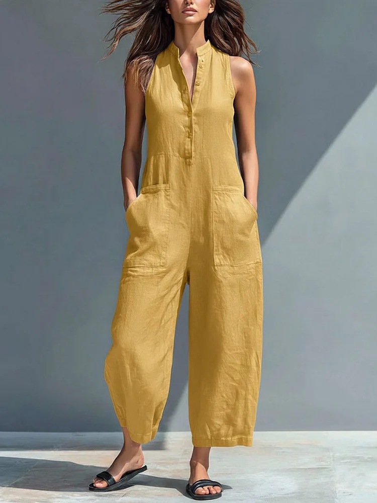 Women's Casual Sleeveless Stand Collar Jumpsuit With Pockets_voghion.com