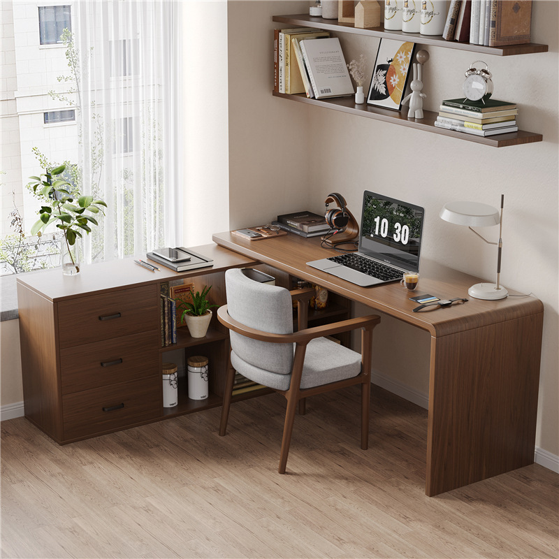 Household L-shaped Computer Desk Full Solid Wood Double Corner Desk Bookshelf Integrated Workbench 7-shaped Bookcase Combination