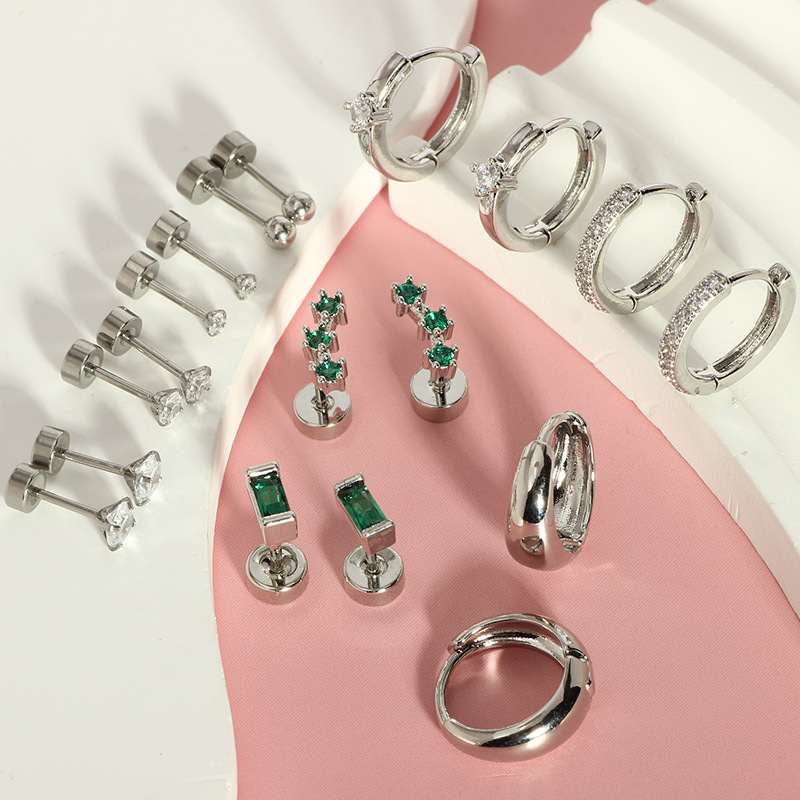 18-Piece Stainless Steel Ear Bone Stud Earrings Set with Zircon CZ, Asymmetric Geometric Design for Women detail image 7