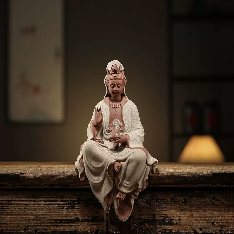 中式禅意紫砂观音菩萨佛像雕像家居客厅玄关装饰观世音菩萨摆件